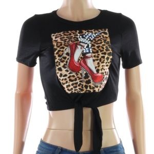 Graphic Crop Tie Front Shirt